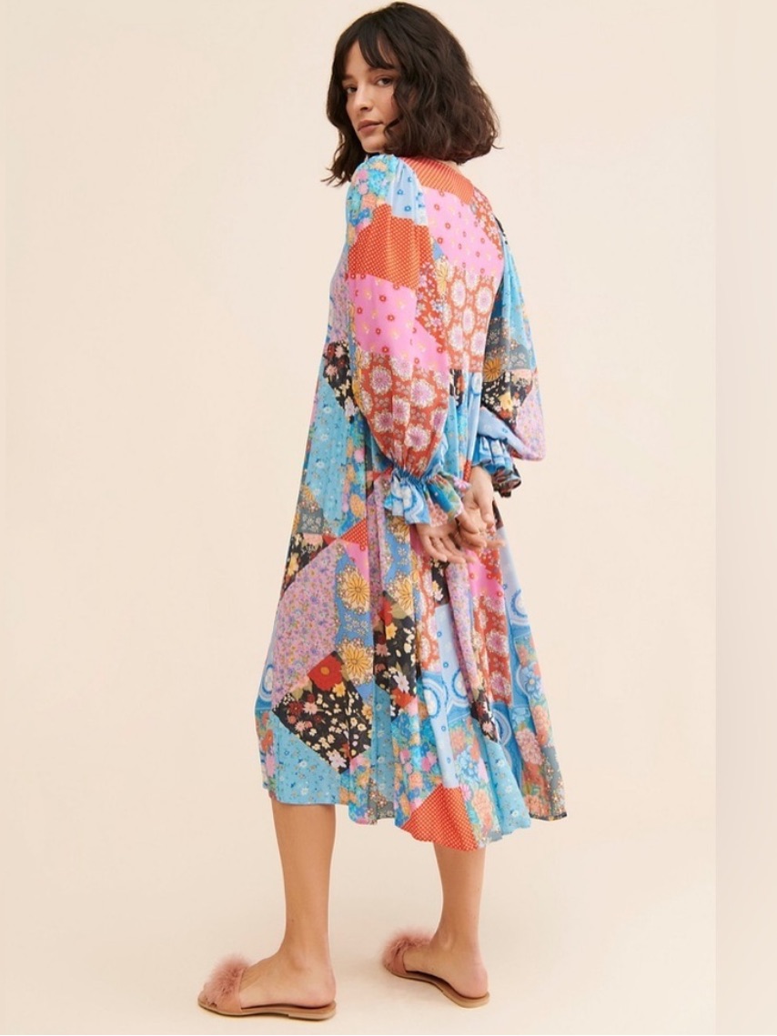 Spell Cha Cha Patchwork Midi Dress Size Small Multicolor Long Sleeve